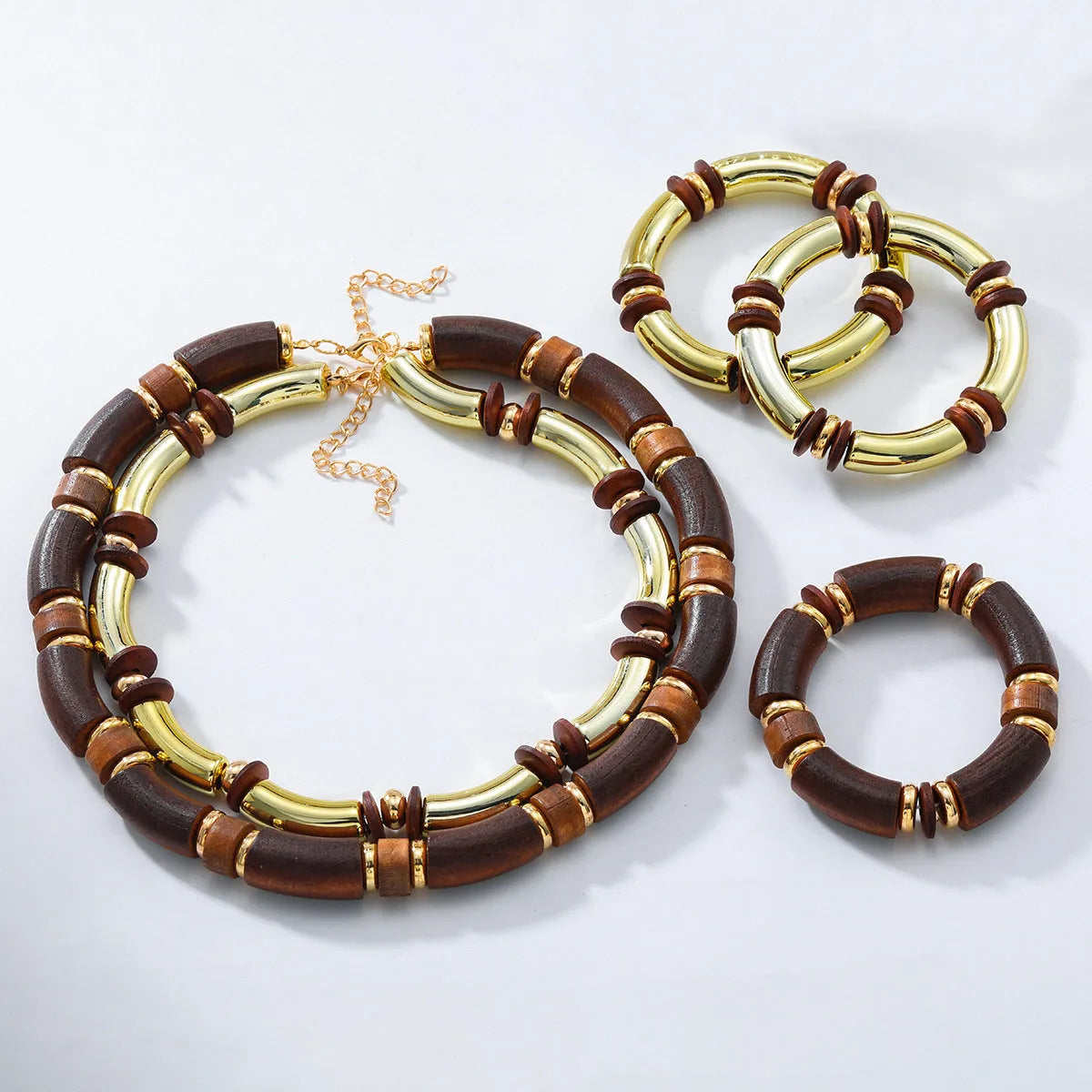 Women's multi-layer wooden necklace and bracelet set in exaggerated European style with alloy chain