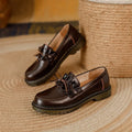 British style women's leather shoes with chunky heel and round toe in black and brown colours