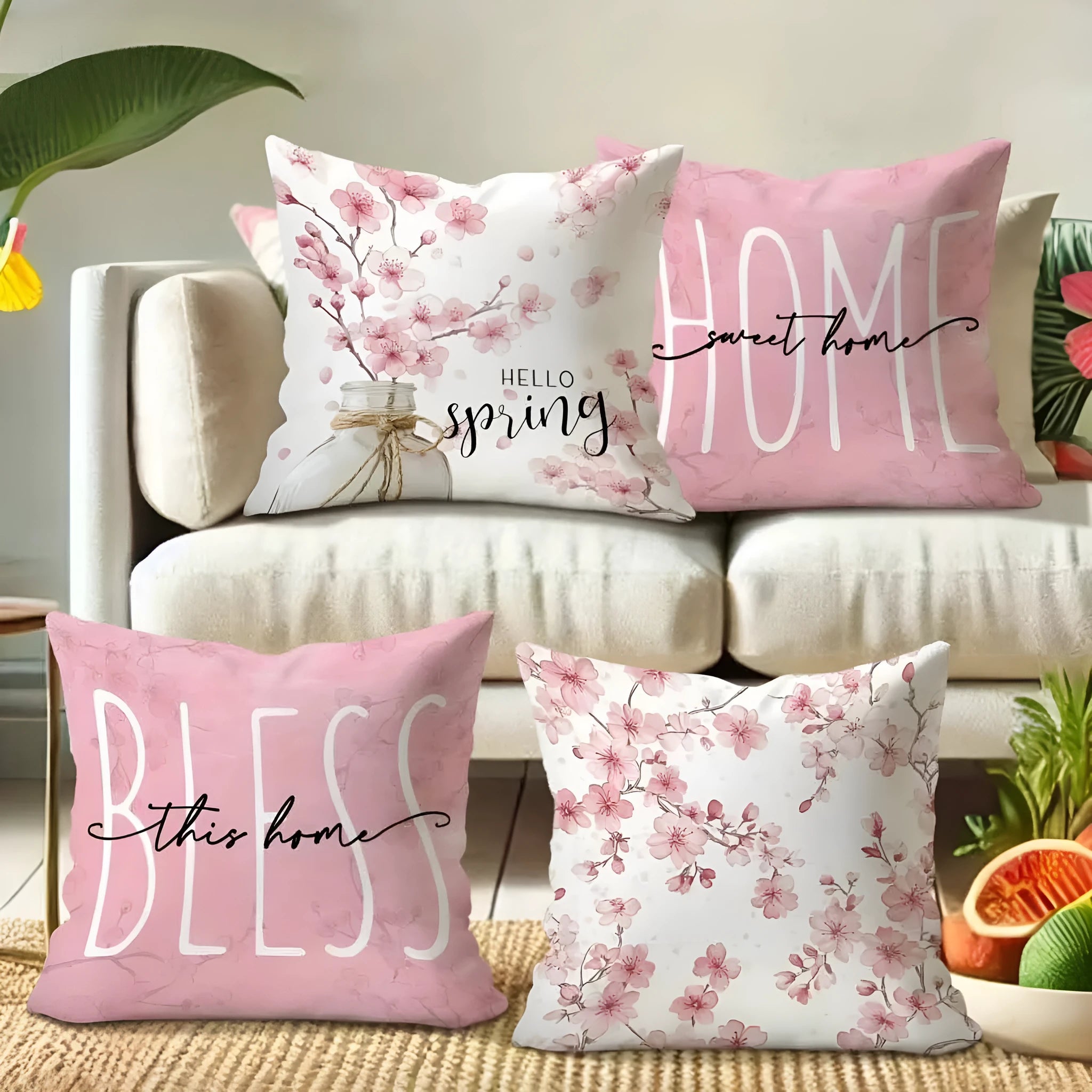 Square short velvet cushion cover with spring cherry blossom pattern, 45cm size.
