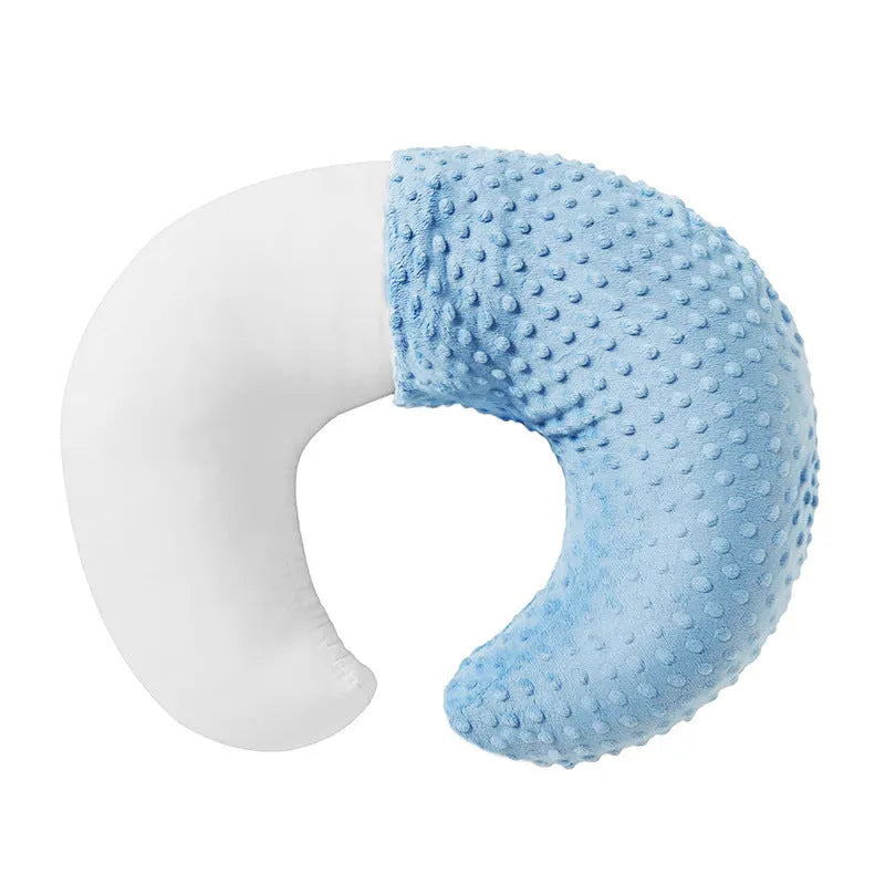 Nursing pillow with milk spill prevention design in choice of pink, yellow, grey, or light blue colour