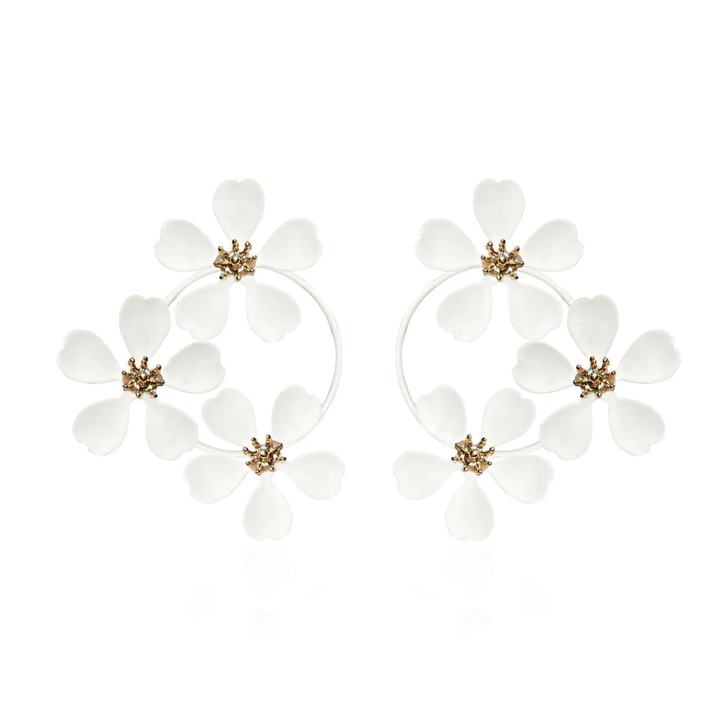 Retro flower-shaped iron earrings for women in black and white colour options.