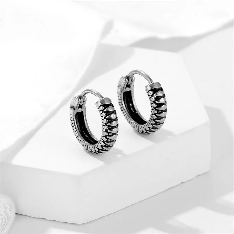 Silver geometric striped stainless steel sports style earrings retro twist design