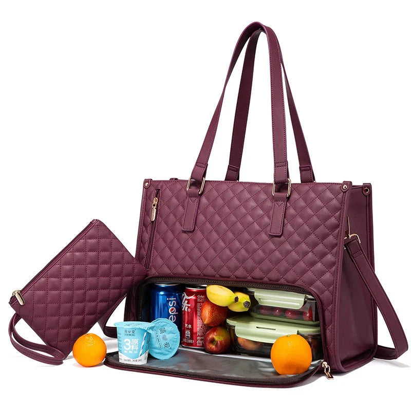Women's lunch tote bag with thermal insulation and matching wallet in multiple colors
