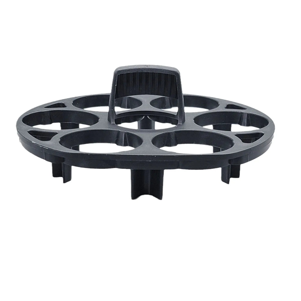 Black plastic egg holder with modern design measuring 13.8 by 12.6 by 5.7 centimetres