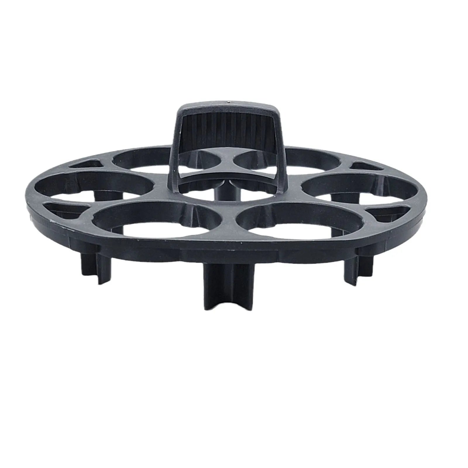 Black plastic egg holder with modern design measuring 13.8 by 12.6 by 5.7 centimetres