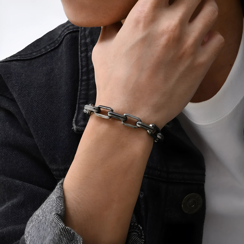 Men's titanium steel square chain bracelet in electroplated steel colour