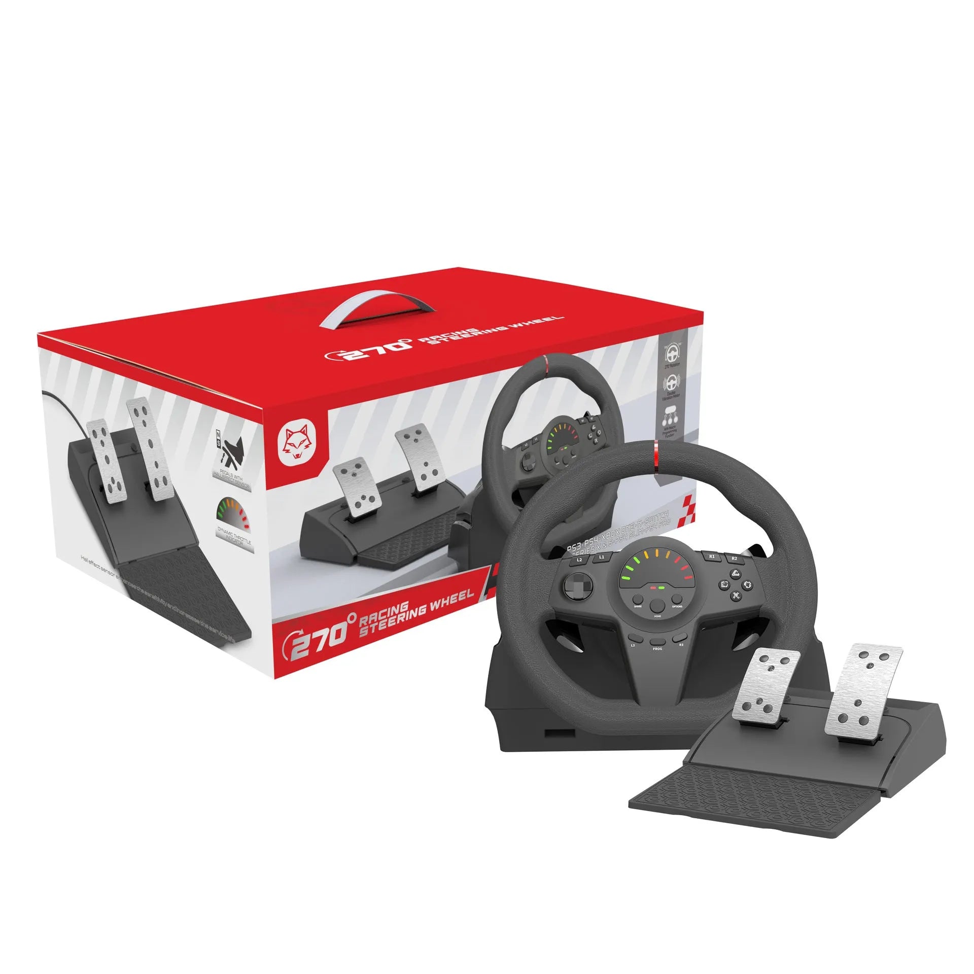 Black multi-platform steering wheel racing controller with two pedals and vibration feedback