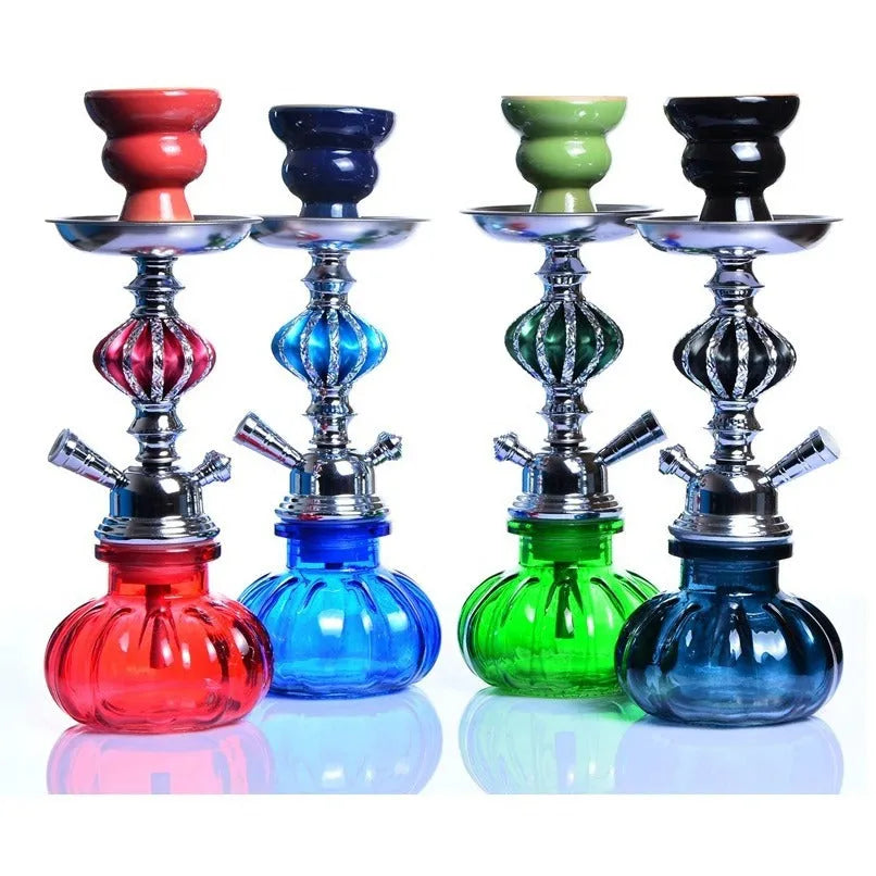 Clear glass single tube hookah bottle 26cm tall with black base on table