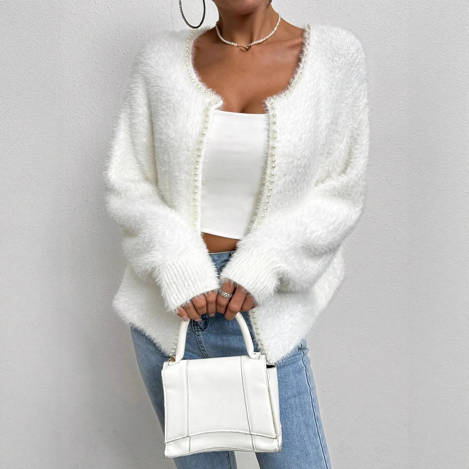 White women's V-neck cardigan with polyester knit fabric and 50cm length