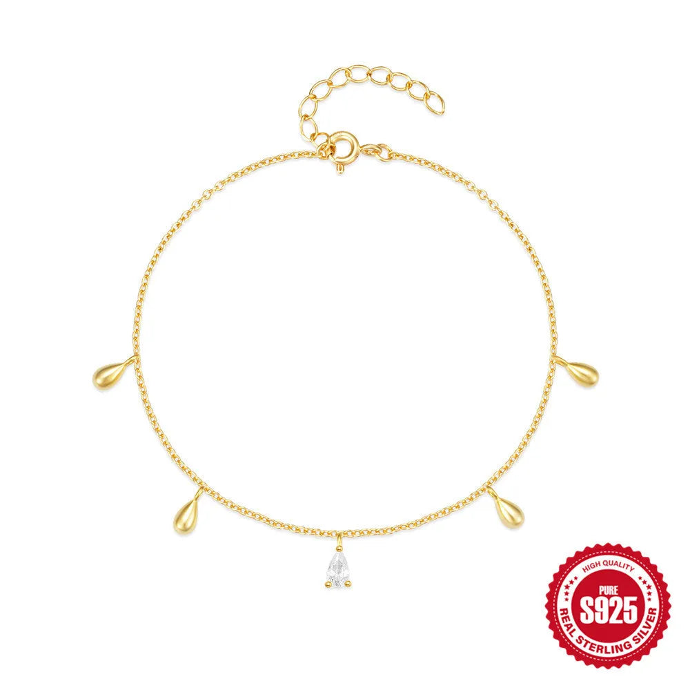 Water drop diamond geometric pendant on S925 sterling silver adjustable bracelet with gold colour finish