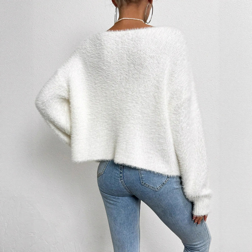 White women's V-neck cardigan with polyester knit fabric and 50cm length