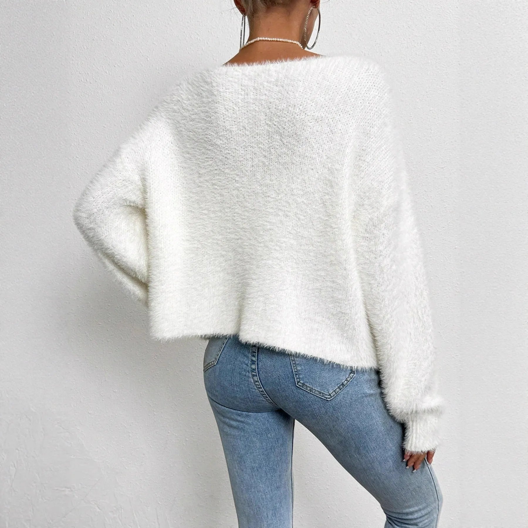 White women's V-neck cardigan with polyester knit fabric and 50cm length
