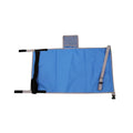 Portable blue nylon children's aircraft seat extender with matching storage bundle pocket.