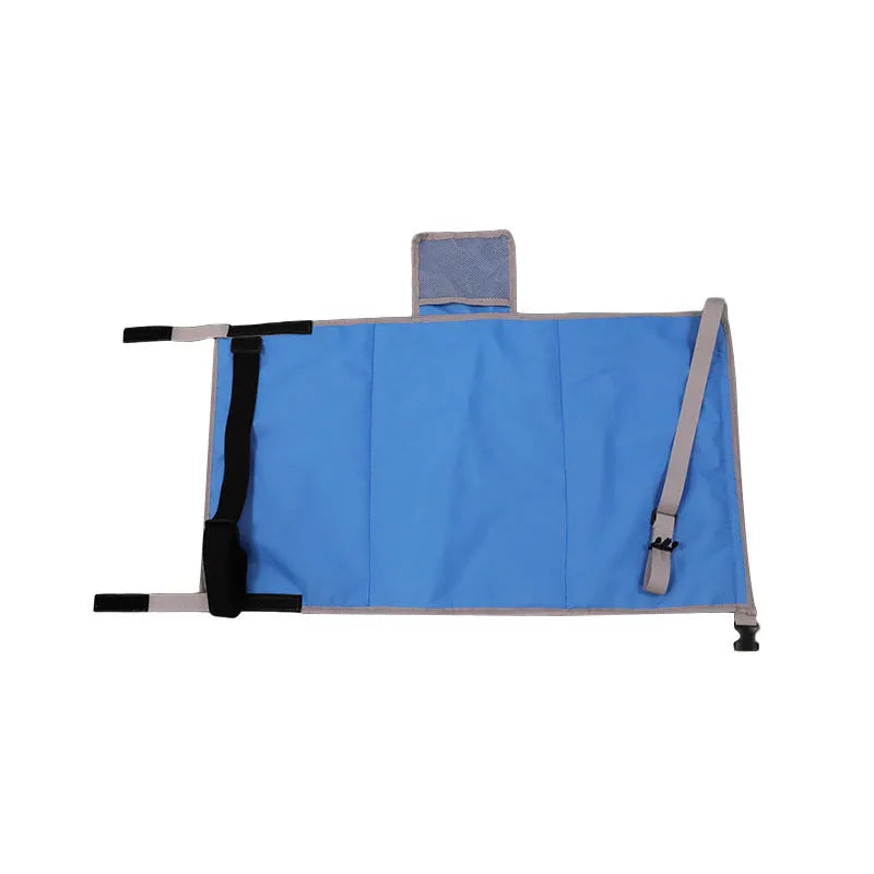Portable blue nylon children's aircraft seat extender with matching storage bundle pocket.