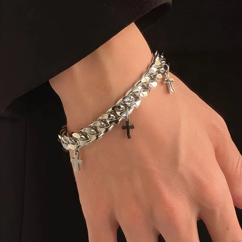 Men's titanium steel bracelet with a geometric shape and a central cross design.