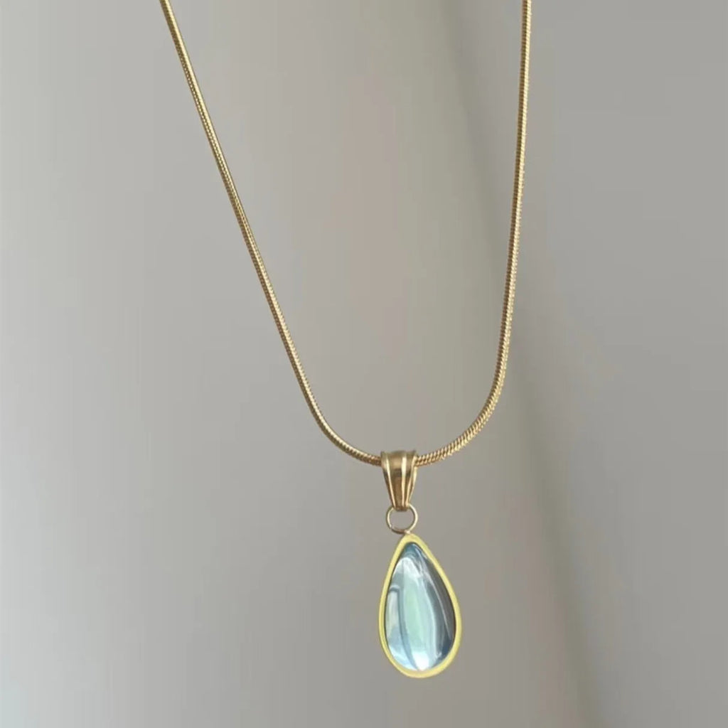 Blue and green water drop necklace with mixed gemstone pendant on titanium steel snake bone chain