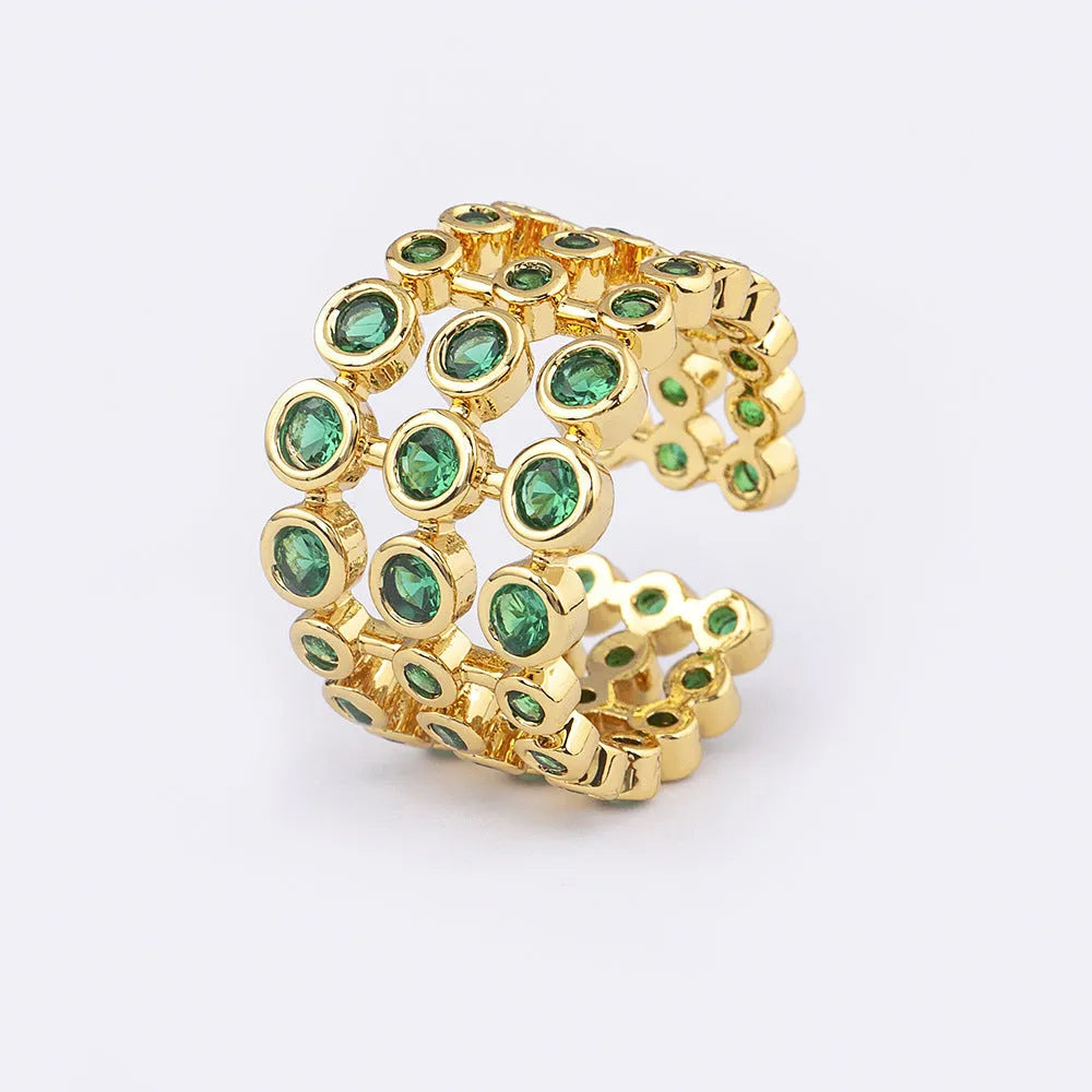 Three-layer green zircon wide ring with 18K gold plating over copper base