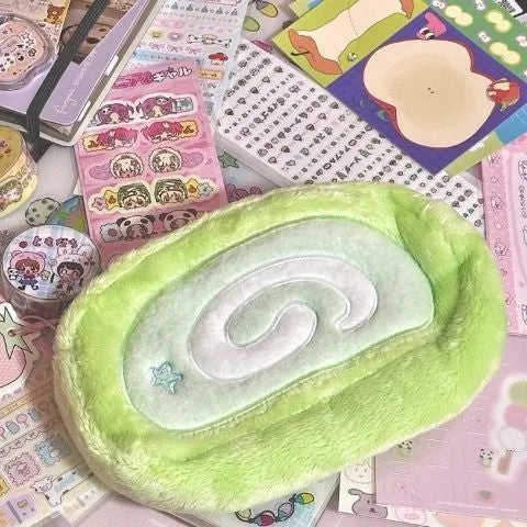 Velvet pencil case with Swiss roll cake design and Korean style aesthetic