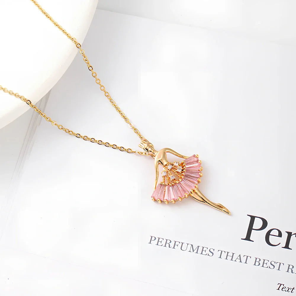 Gold titanium steel ballet girl necklace with rhinestone inlays on 40cm chain, adjustable to 45cm for women