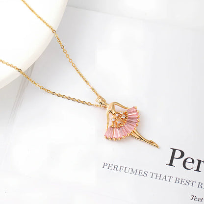 Gold titanium steel ballet girl necklace with rhinestone inlays on 40cm chain, adjustable to 45cm for women