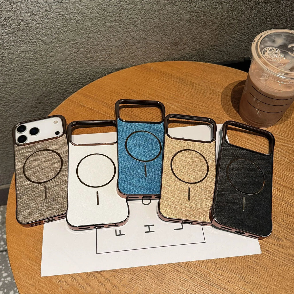 Magnetic electroplated metal PC phone case for iPhone 17 series in black, white, gold, sky blue, and silver grey.