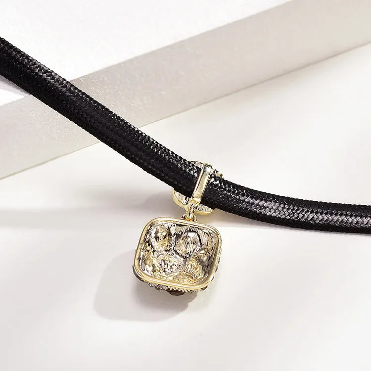 Alloy black square short necklace with rhimestone accents on a model, Gray Diamond Square style, adjustable 21-50cm