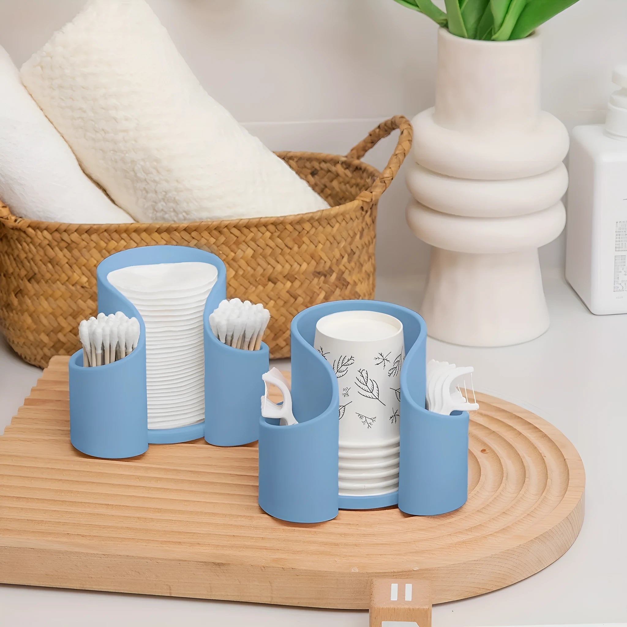 Modern simple plastic cotton box for dental floss and bud storage in solid colour.