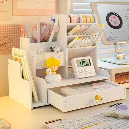 Square white plastic pen holder storage box with 10 individual grid compartments for organisation.