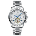 Men's silver automatic perpetual calendar mechanical watch with a stainless steel bracelet.