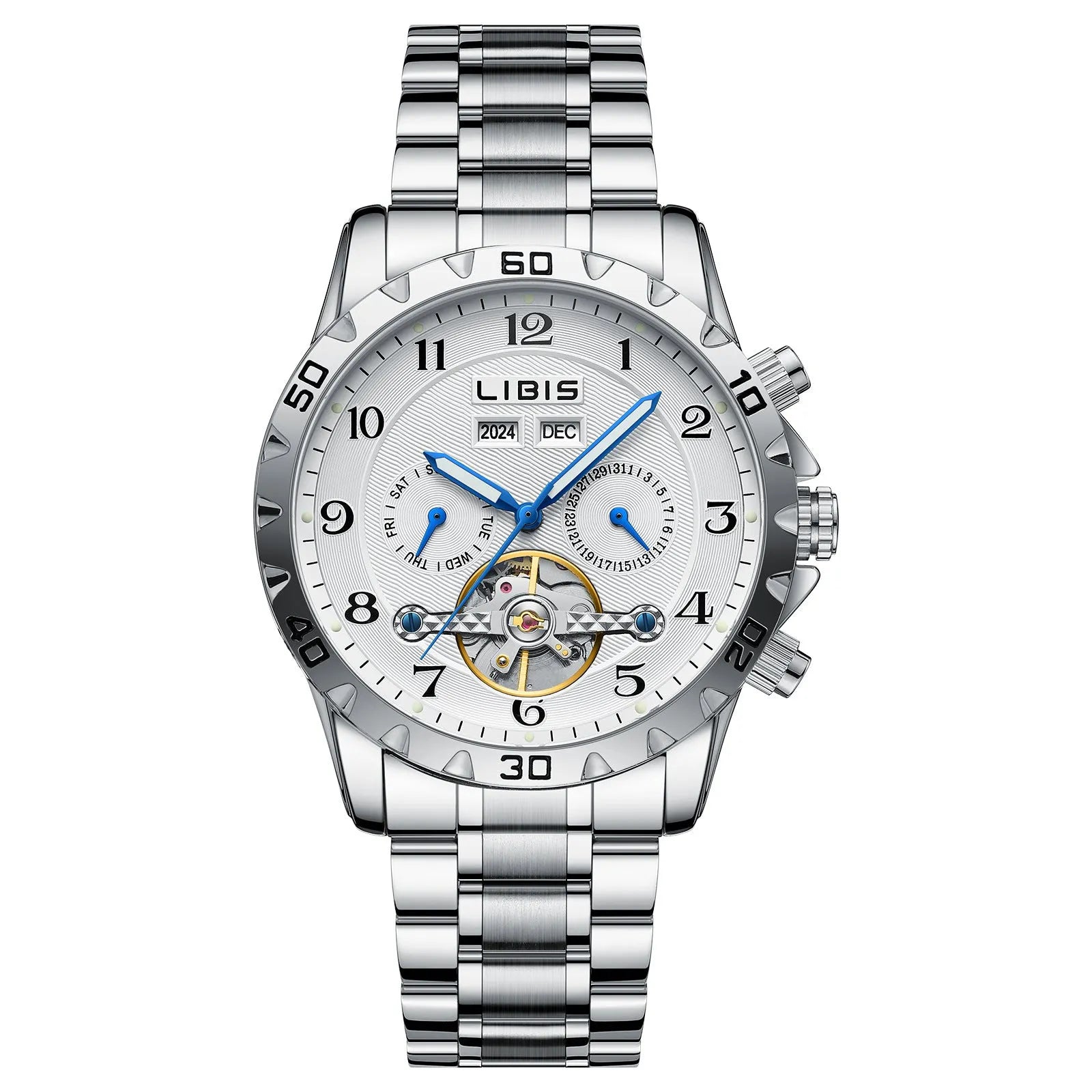 Men's silver automatic perpetual calendar mechanical watch with a stainless steel bracelet.