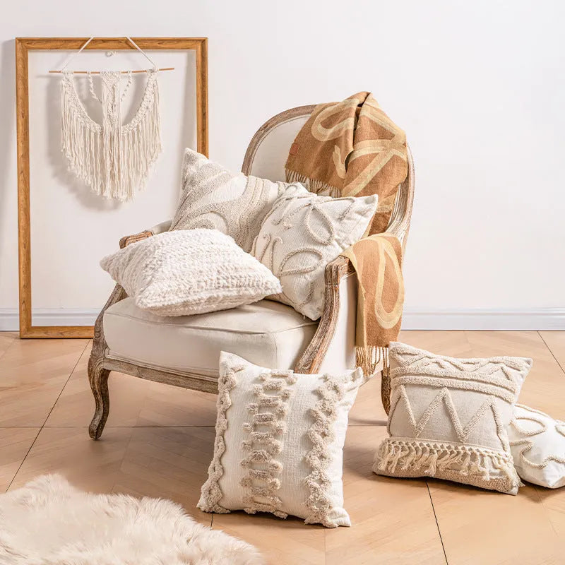 Knitted decorative pillow cover with tassel edge in a choice of six printed patterns and two sizes.