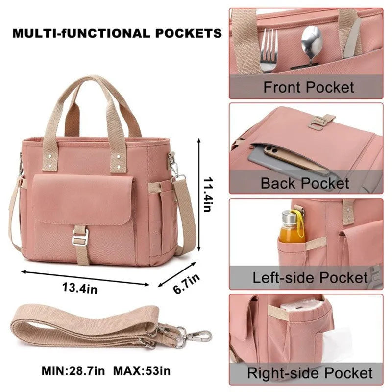 Insulated cube-shaped picnic bag with removable shoulder strap in pink colour with side pocket