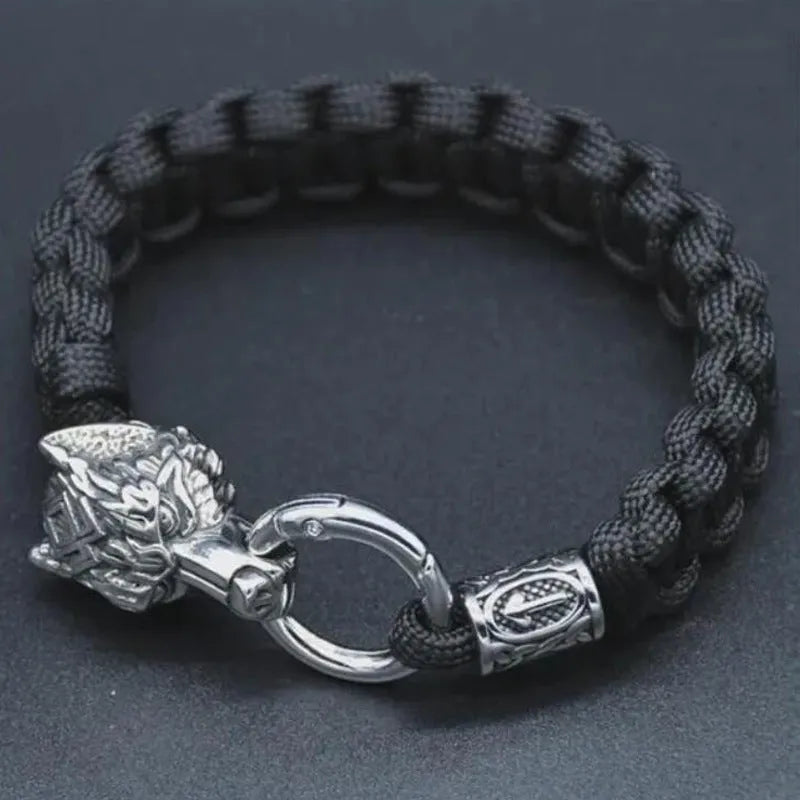 Handmade stainless steel wolf head bracelet with Luen character charm in camouflage colour.