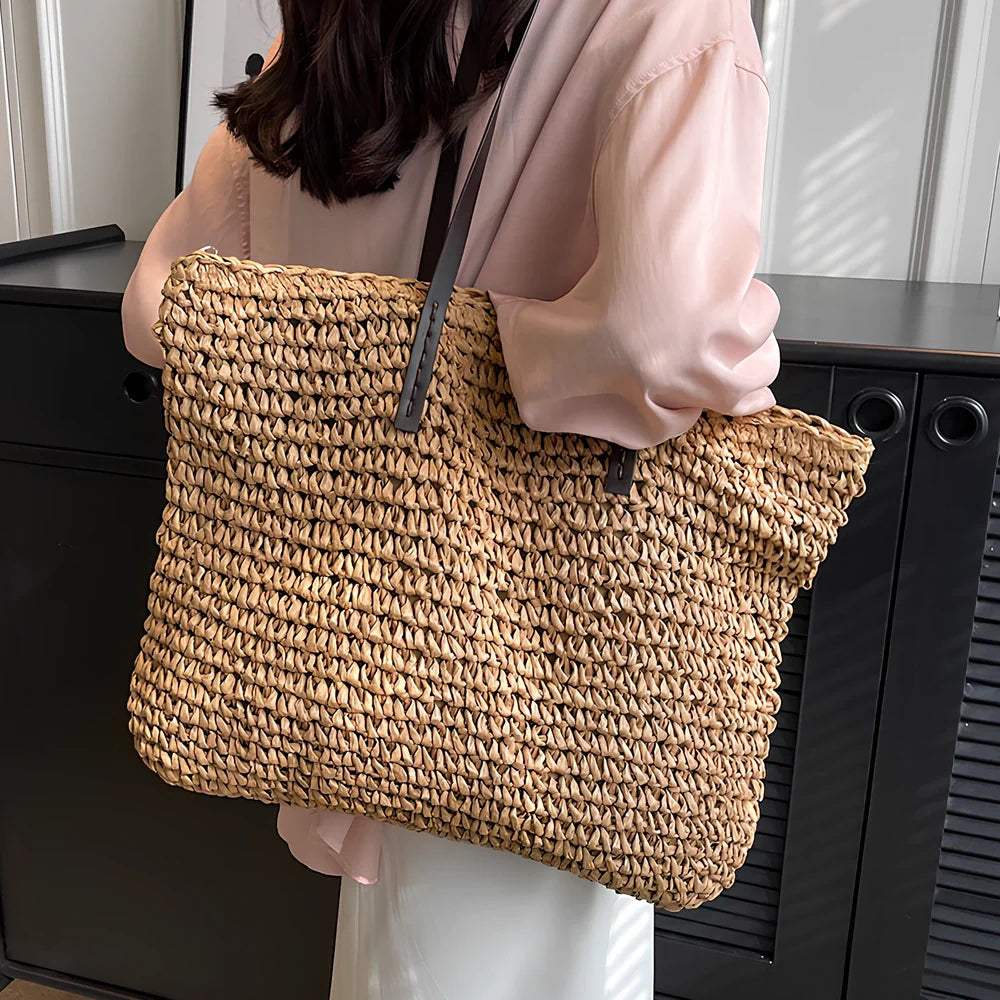 Brown woven summer shoulder bag, 42x36x4 cm large capacity with zipper for women's beach use