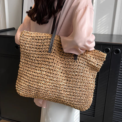 Brown woven summer shoulder bag, 42x36x4 cm large capacity with zipper for women's beach use