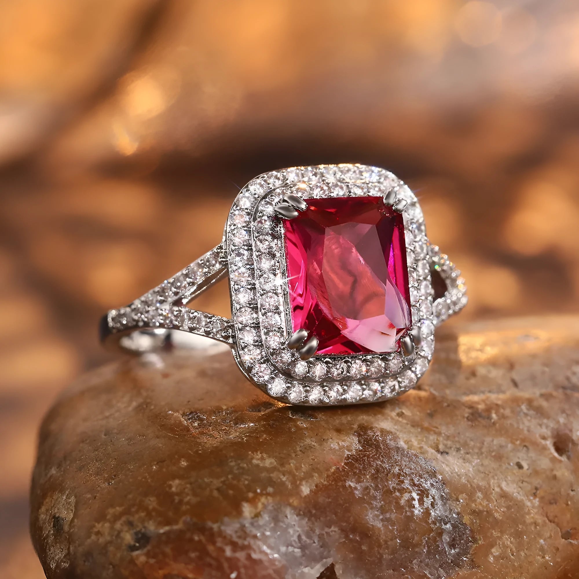 Women's copper square geometric ring with red rhinestones on a finger.