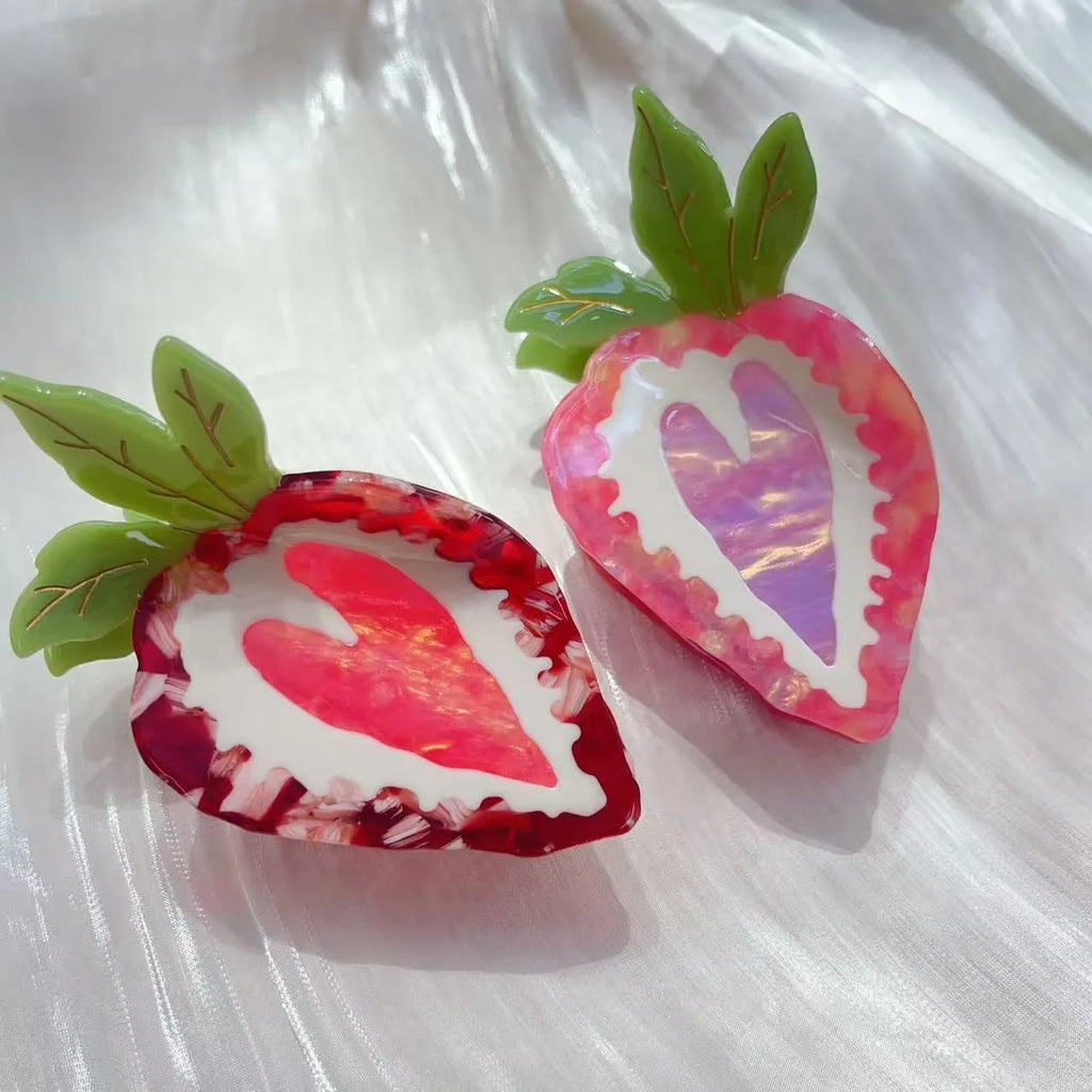 Handcrafted strawberry hairpin in pastoral style showing red and pink colour options
