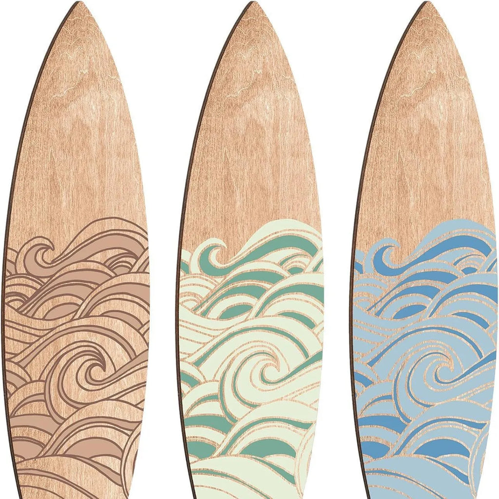 Three identical wooden surfboard wall decorations displayed together