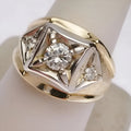 Geometric hollow copper couple ring with chamfered square pattern in gold.