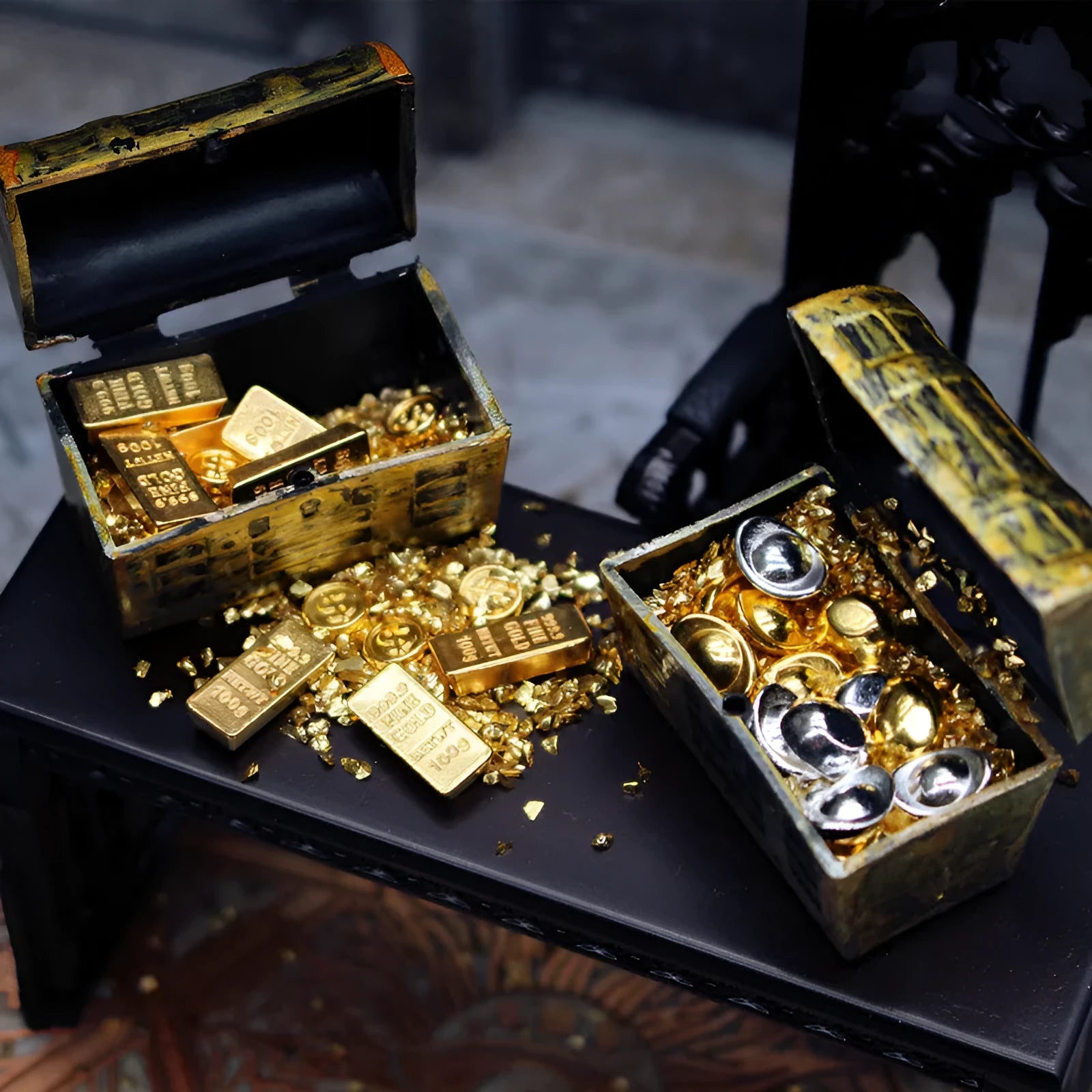 Alloy miniature gold coins and bars dollhouse accessory for 1:12 scale model scenes.