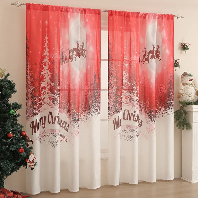 Rectangular printed polyester curtain with festive design hanging in a window