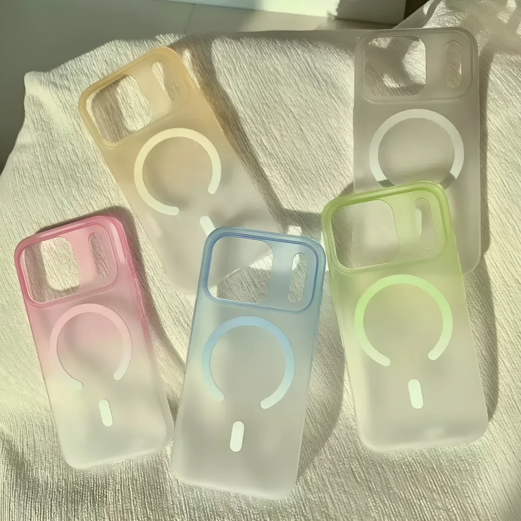 Gradient frosted magnetic suction iPhone case showing ultra-thin PC construction and colour variations