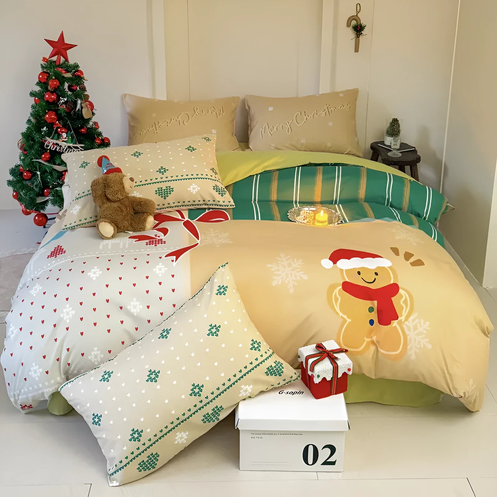 Christmas cartoon printed four-piece bedding set with quilt cover, sheet, and pillowcases on a bed.