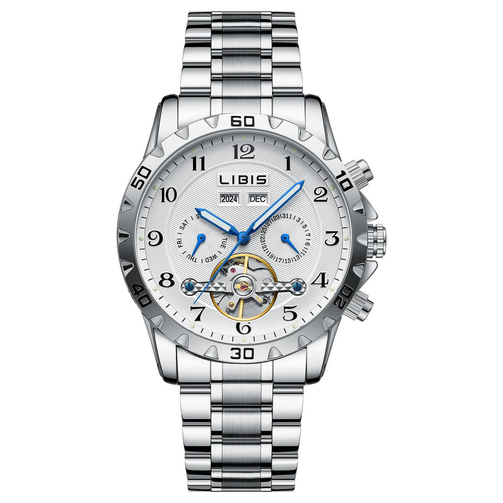 Men's silver automatic perpetual calendar mechanical watch with a stainless steel bracelet.