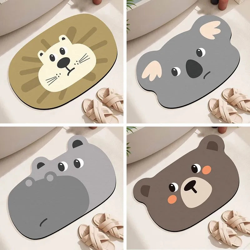 Thickened diatom oil bathroom mat with cartoon animal design in alien shape for shower area water absorption.