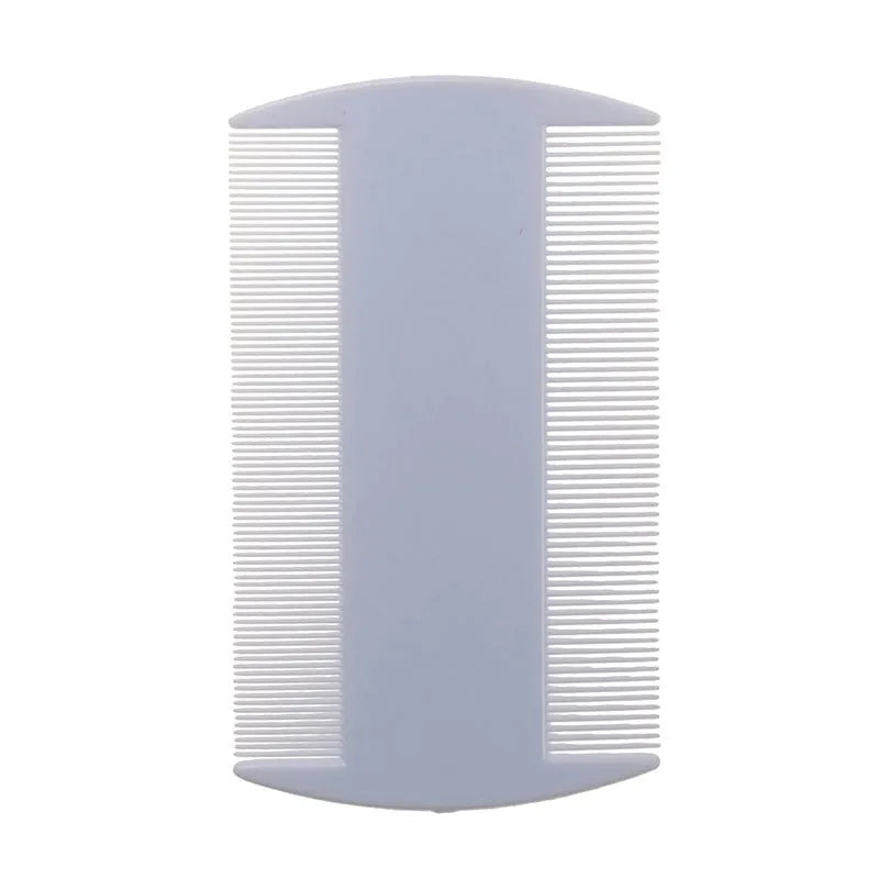 Fine-toothed double-edged plastic comb for pet fleas or human lice in assorted colours.