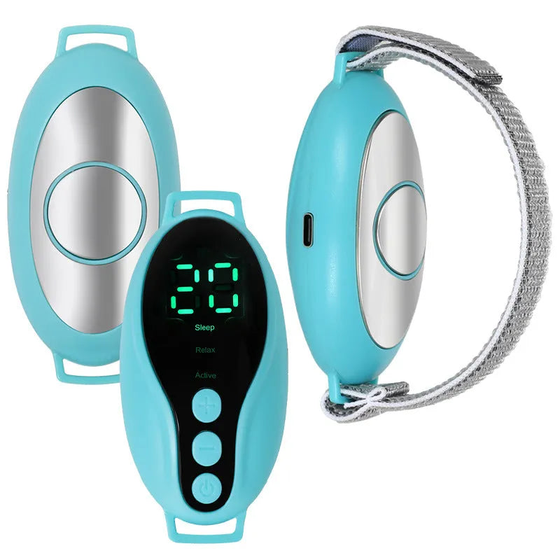 White or blue coloured USB rechargeable intelligent sleeping aid instrument with compact design.