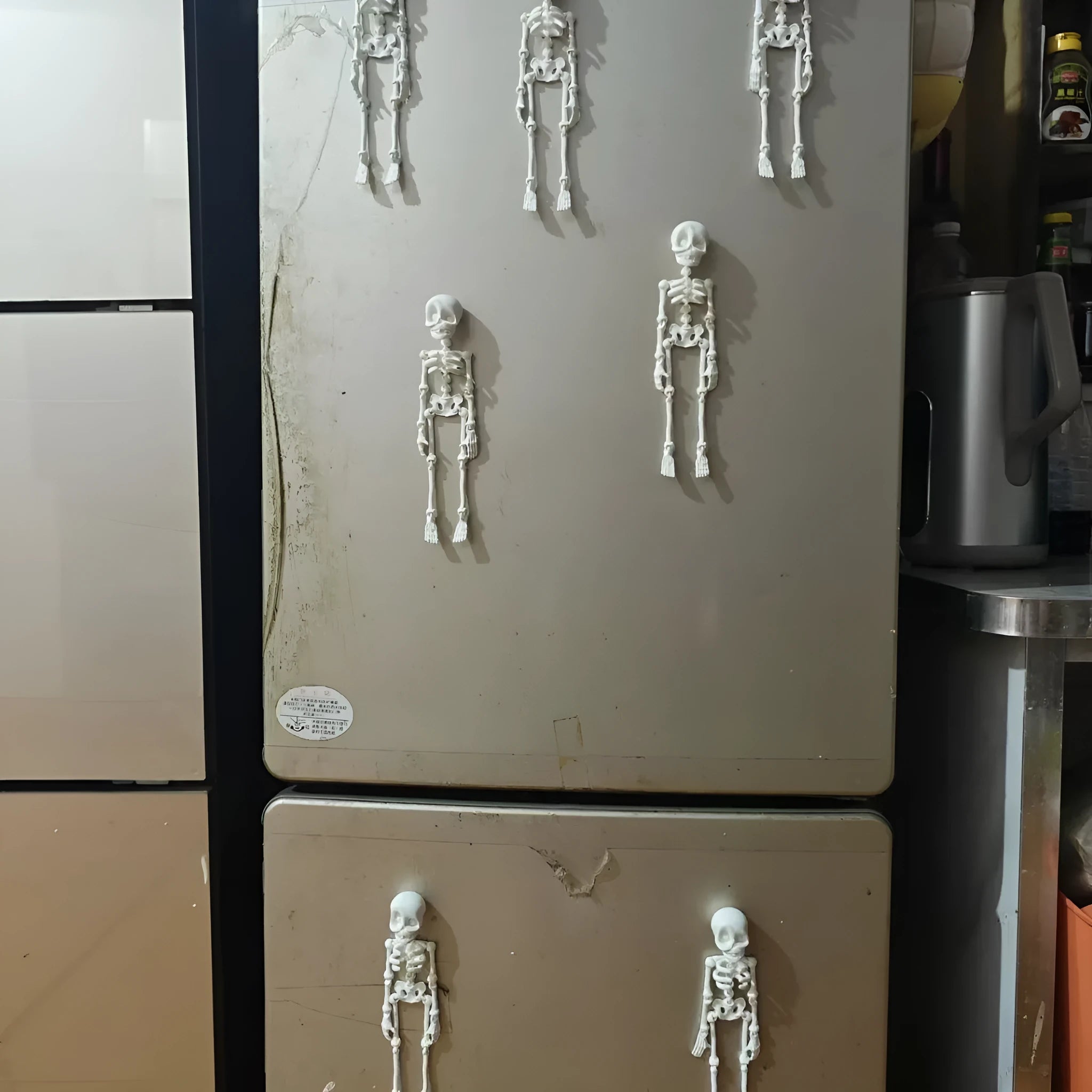 3D printed white skull refrigerator magnet ornament, 18cm tall, on a fridge door.