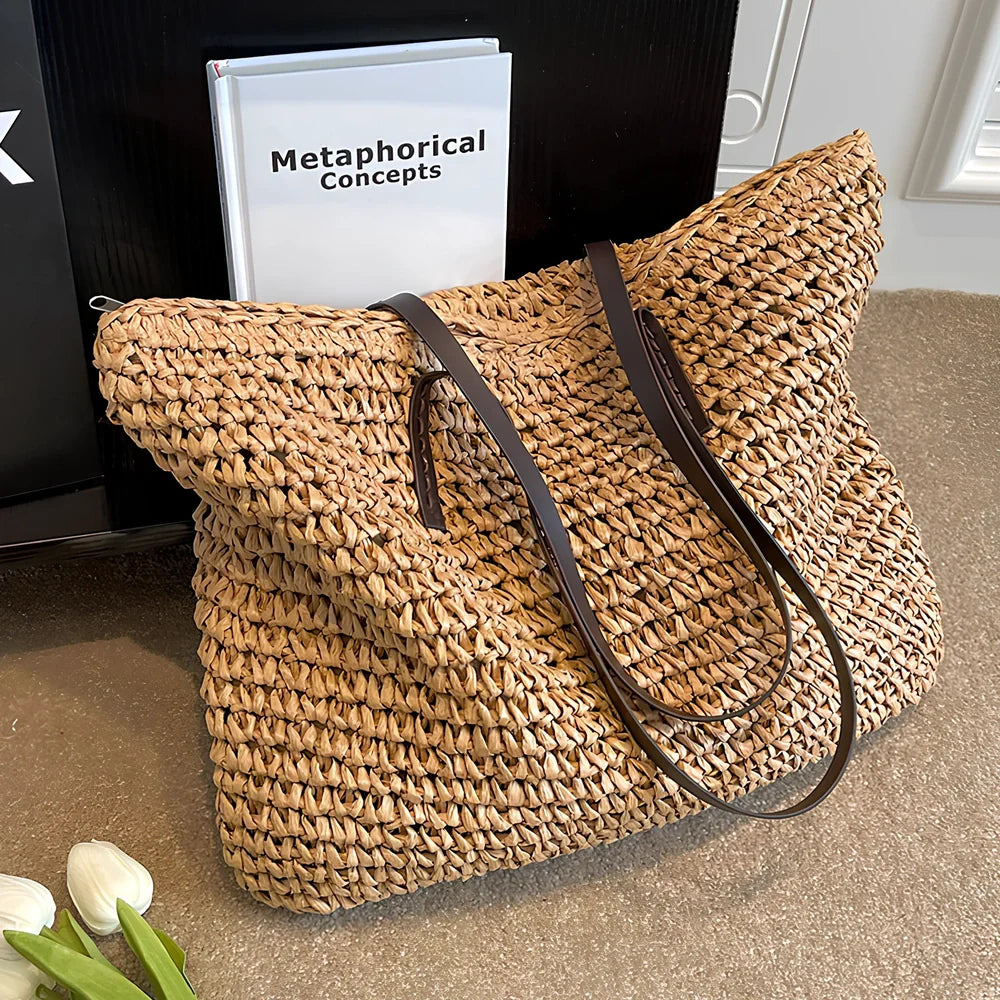 Brown woven summer shoulder bag, 42x36x4 cm large capacity with zipper for women's beach use