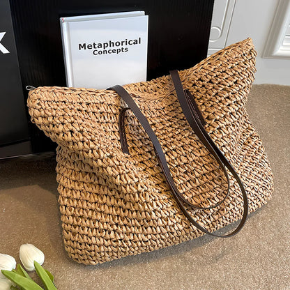 Brown woven summer shoulder bag, 42x36x4 cm large capacity with zipper for women's beach use